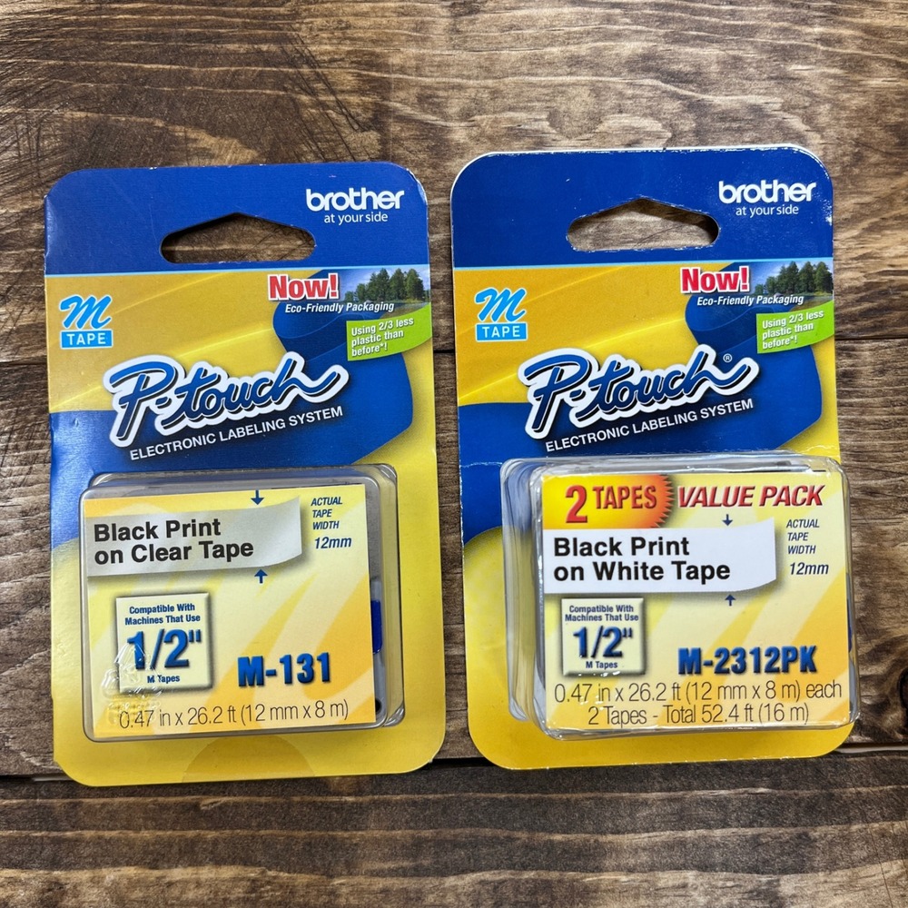Brother P-Touch M-Tape 1/2" 12mm Black on White Clear 3pk M-2312PK M-131 Guide
